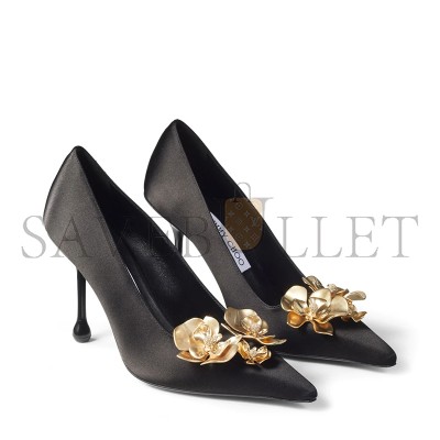 JIMMY CHOO IXIA 95 BLACK SATIN PUMPS WITH FLOWERS IXIA95BGU